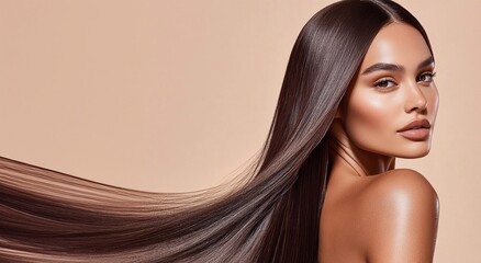 Young beautiful woman model with long brown silky shining hair for hair products advertising on beige background.Macro.AI Generative.