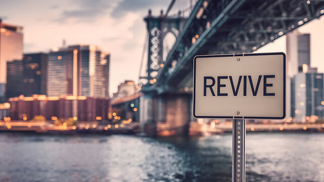 A city skyline with a sign that says "Revive" in black on a cream background, conveying a message of renewal and hope. 
