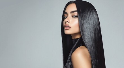 Young beautiful woman model brunette with long black silky shining hair for hair products advertising.Macro.AI Generative.