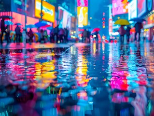 Rainy Night in a Neon Lit City with Vibrant Reflections and Bustling Pedestrians