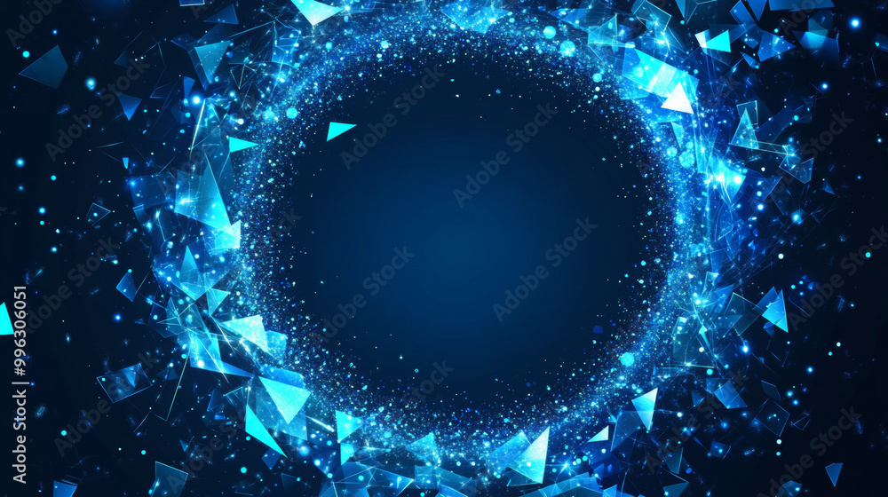 Poster vector abstract blue background with a geometric circular frame, featuring a pattern of dots, partic