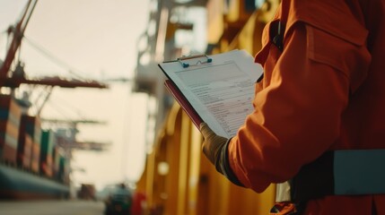 Dockworker holding clipboard inspecting cargo ship at a busy port
