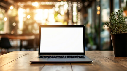A laptop with a blank white screen on a wooden table in an office.