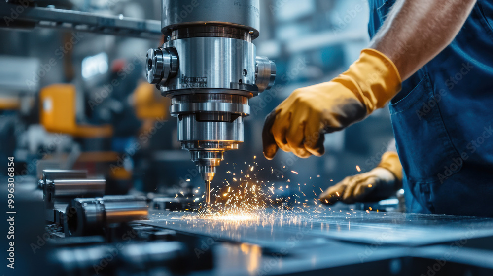 Poster worker programming cnc machine to cut metal, showcasing sparks flying in dynamic industrial environm
