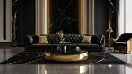 Luxurious black and gold living room featuring stylish leather sofa, elegant coffee table, and sophisticated decor. space exudes modern elegance and comfort