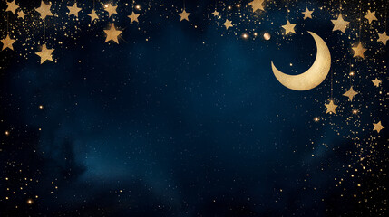 Fototapeta premium A celestial christmas theme with moon, stars in a gold and midnight blue colour theme.