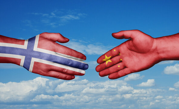 China and Norway country handshaking with flags, consensus concept international co-operation illustration