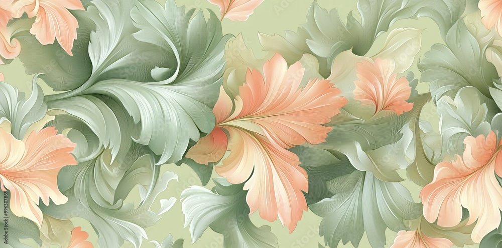 Poster it is a seamless pattern in the damask style. the background has foliage and curly elements. the orn
