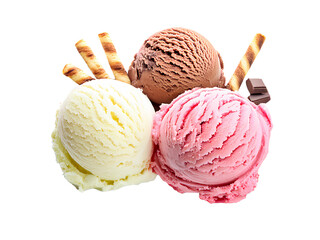 Three scoops of ice-cream isolated. Vanilla, chocolate and strawberry flavour gelato