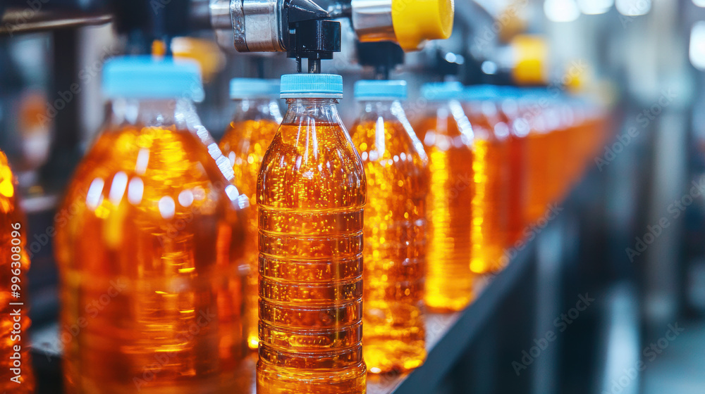 Poster bottles filled with orange liquid move through beverage filling machine, showcasing efficient produc