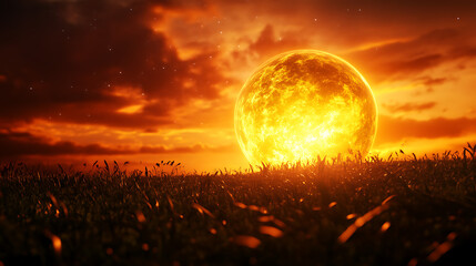 A breathtaking sunset with a glowing sun casting vibrant colors across the sky, illuminating the foreground of grass under a dramatic, cloud-filled horizon.