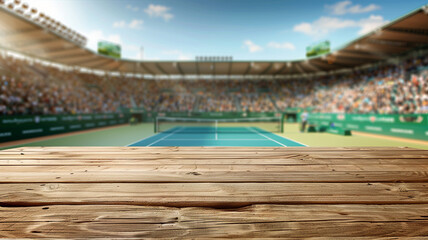 Fototapeta premium A wooden table top with the background of an outdoor tennis stadium