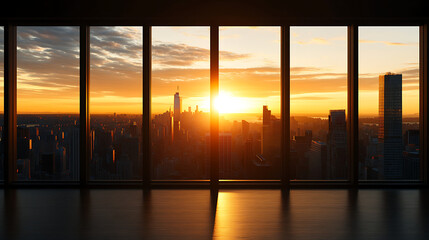 Fototapeta premium A breathtaking view of a city skyline at sunset, framed by large windows