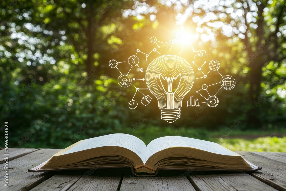Poster the concept of innovation is represented by a light bulb on a book with an innovation icon on the vi