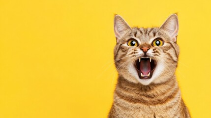 Obraz premium A close-up of an angry cat with eyes full of shock and sadness, set against a plain blue background with copy space.