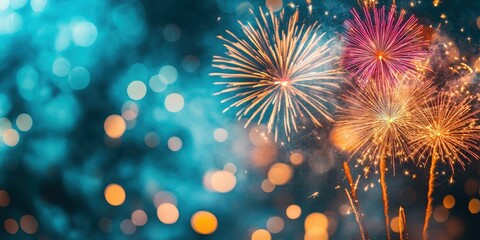 Colorful Fireworks Display in Dark Blue Sky