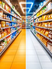 Fototapeta premium Supermarket Aisle with Warm and Cool Lighting.
