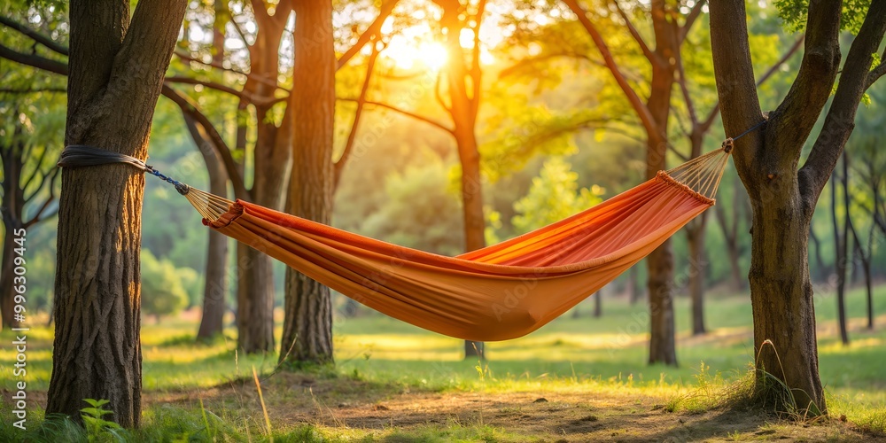 Poster orange hammock hanging tied to two trees at the nature generative ai