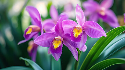 Obraz premium Elegant orchids in shades of violet display their vibrant petals and intricate details, creating serene and captivating atmosphere in lush green setting