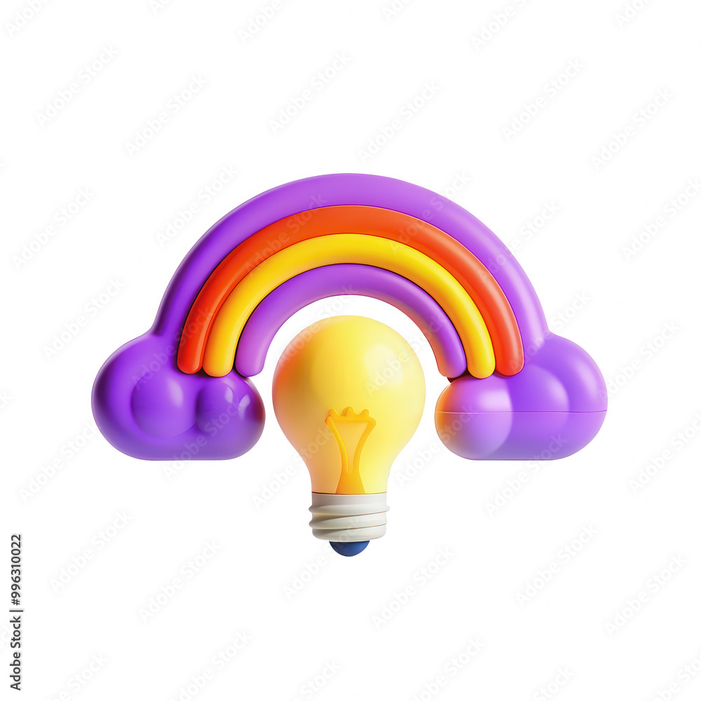 Poster a vibrant 3d rendering of a light bulb surrounded by a rainbow and clouds, showcasing creativity and
