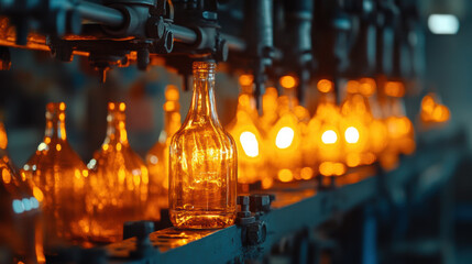 Glass bottles being formed and shaped in glass manufacturing facility, showcasing intricate process of glass production. warm glow of molten glass creates captivating atmosphere