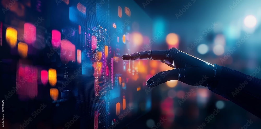 Poster an ai robot hand assists with stock management on a computer display with a crystal office backgroun