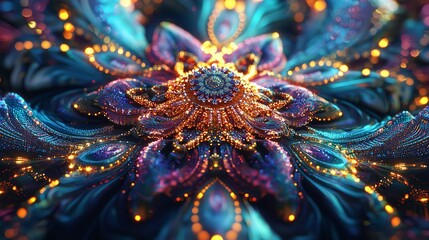 Abstract Floral Design with Orange, Blue, and Gold Hues