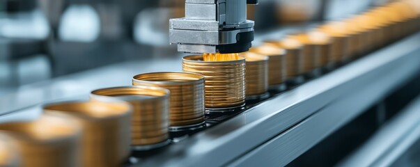 Automated machinery cans product on a modern processing line. Efficient production with robotic technology and streamlined operations.