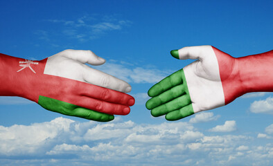 Italy and Oman country handshaking with flags, consensus concept international co-operation illustration