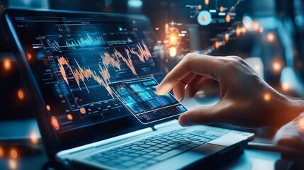 Close up of a hand holding a futuristic smartphone with a stock market data screen.