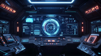 Fototapeta premium Futuristic VR HUD control panel featuring a technology-based head-up display with target and command center UI screens. Includes a GUI digital virtual interface for cyberspace, high-tech visor templat