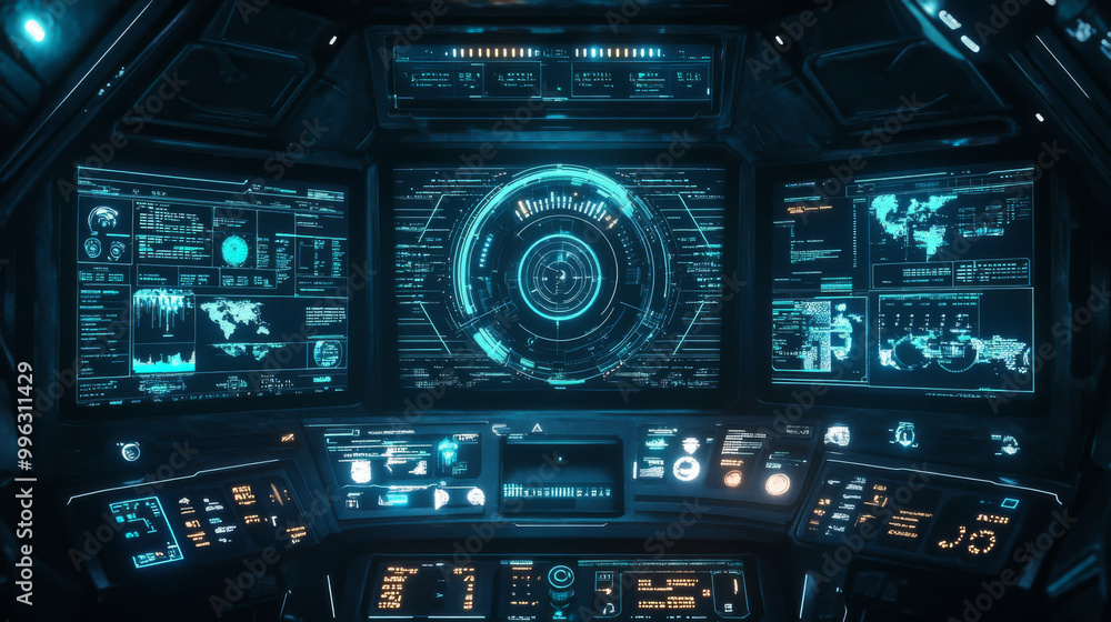 Poster futuristic vr hud control panel featuring a technology-based head-up display with target and command