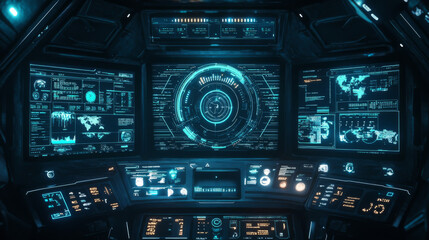 Futuristic VR HUD control panel featuring a technology-based head-up display with target and command center UI screens. Includes a GUI digital virtual interface for cyberspace, high-tech visor templat