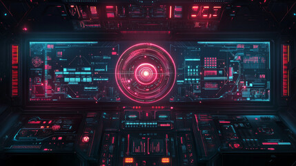 Fototapeta premium Futuristic VR HUD control panel featuring a technology-based head-up display with target and command center UI screens. Includes a GUI digital virtual interface for cyberspace, high-tech visor templat