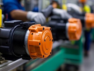 Fototapeta premium Close-up of a mechanical pump with orange detailing on a production line in a factory setting.
