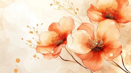 Spring Floral Watercolor Vector Background with Orange Flowers