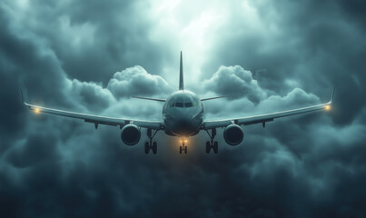 Front view of an airplane flying in thunderclouds.