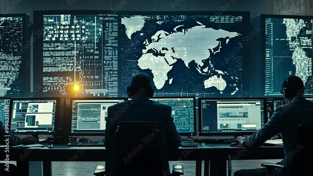 Poster technology experts analyze global data from a surveillance center generative ai