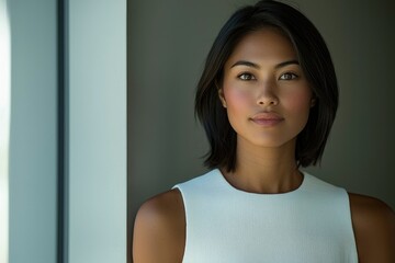 Close-up Portrait of a Woman with Short Black Hair and a White Tank Top