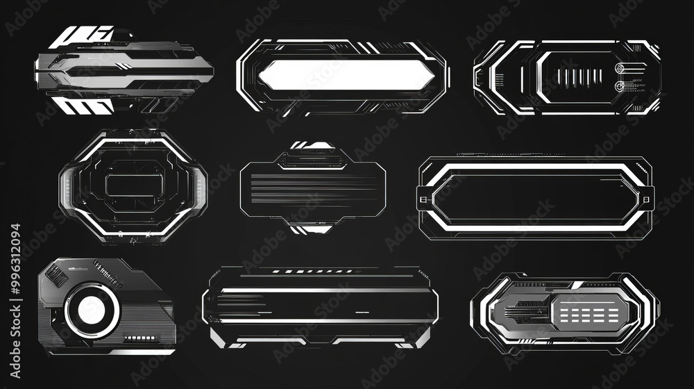Aufkleber a collection of text boxes in an abstract technology style, featuring futuristic hud elements. inclu