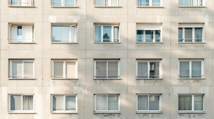 Fototapeta premium Modern Parisian minimalist building, complete wall with windows and doors, sunny afternoon, peaceful urban scene, no people visible.