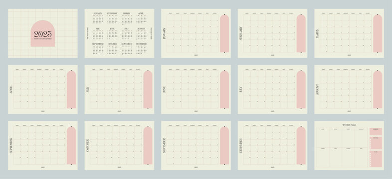 2025 calendar, Sunday start, modern minimalist monthly planner, weekly planner, agenda, vector illustration, printable for productivity, goal setting, time management and organization