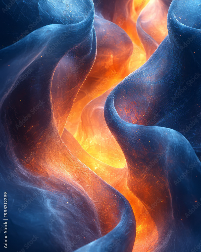 Poster organic abstract forms floating in a futuristic space,