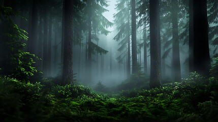 A serene forest scene enveloped in mist, showcasing tall trees and lush greenery. The tranquil atmosphere invites exploration and reflection.