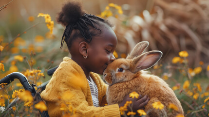 Closeup of young Black girl in a wheelchair holding her pet bunny rabbit outdoors. Cuddling animal pet therapy in nature, with a cute fur ball rabbit, wellness, health, happiness, bonding, and care.