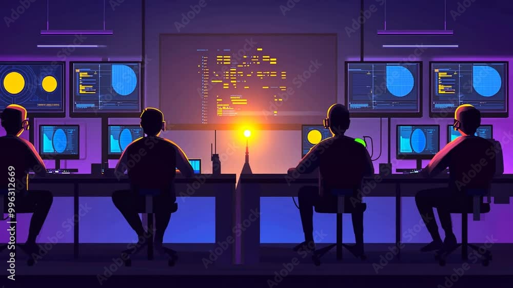 Poster team collaborating in control room with screens at night generative ai