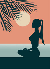Silhouette of a women meditating, yoga, fitness position.  Yoga Poses for Meditation.