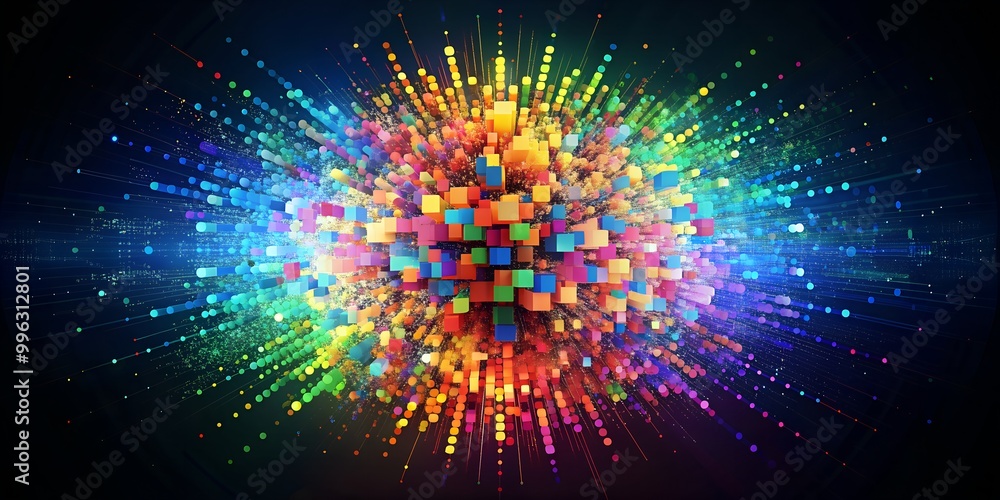 Poster abstract explosion of colorful pixels in dark space ai-generated content