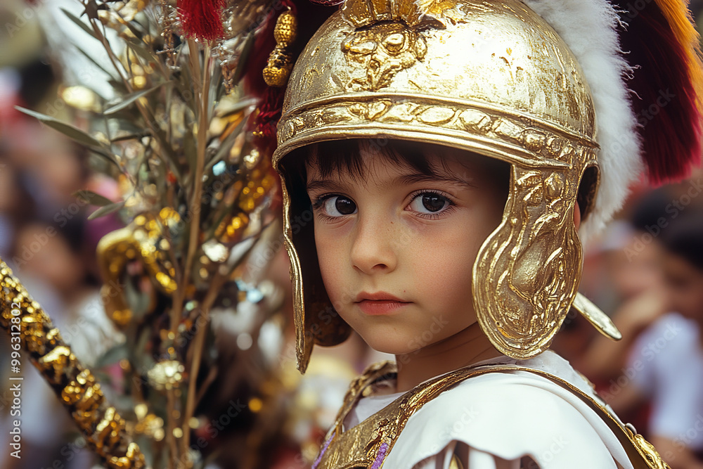 Poster Joyful Child in Gladiator Costume at Roman Festival  