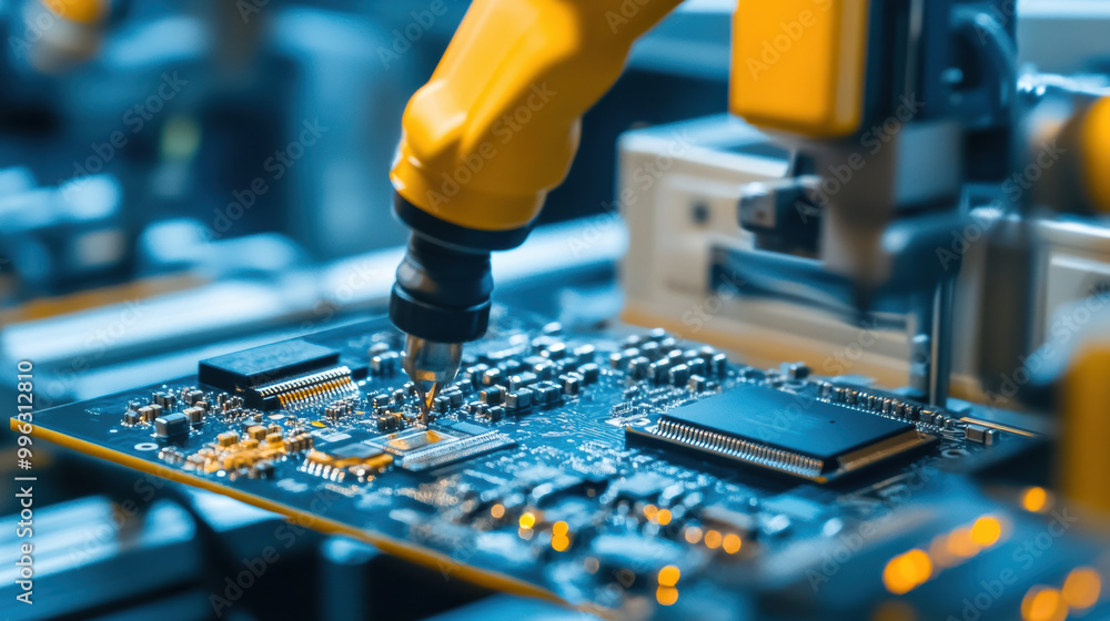Poster robots assembling intricate circuit boards in industrial setting showcase advanced technology and pr